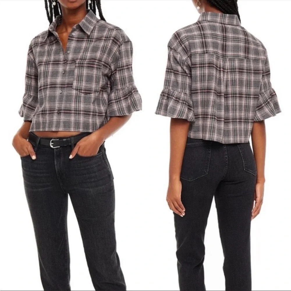 Cinq A Sept Gray Pink Plaid Button Front Crop Top Women's Size XS